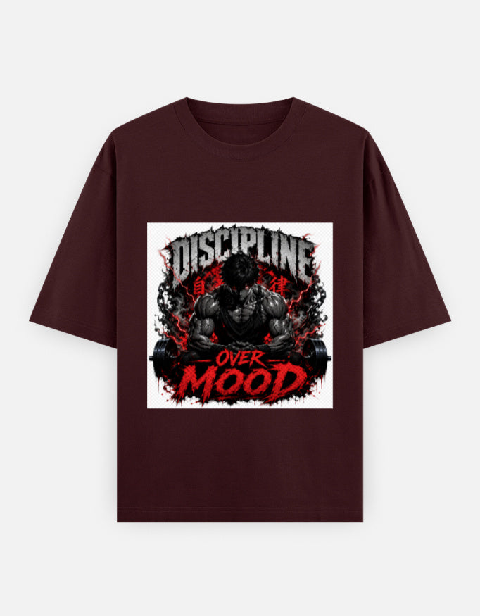Oversized crewneck graphic tee, maroon with red and black "Discipline Over Mood" print