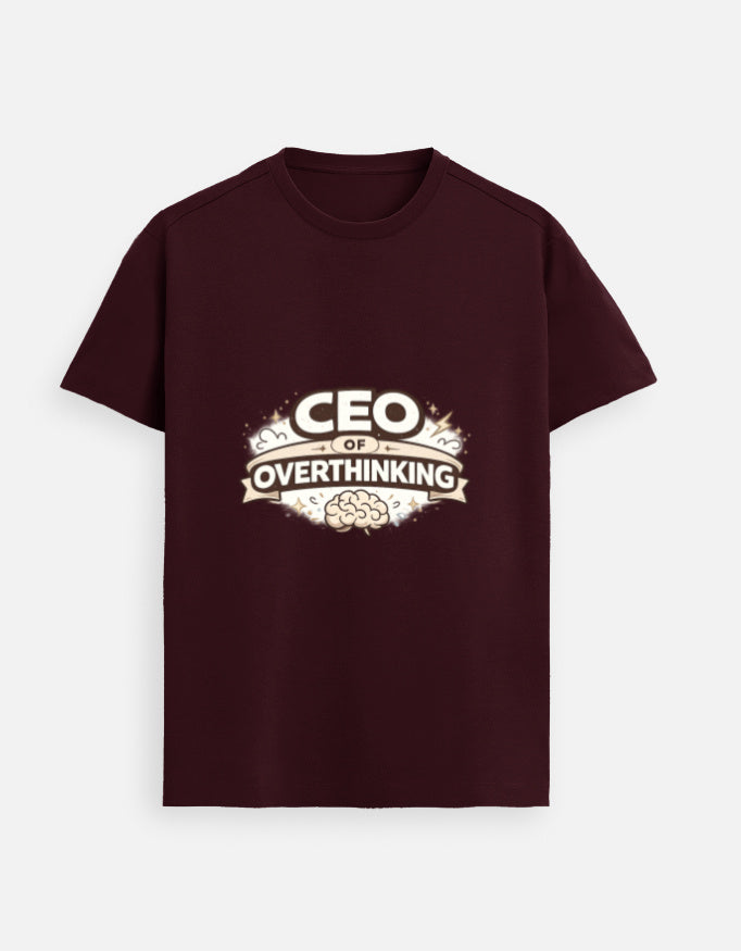 Maroon unisex graphic tee, front “CEO of OVERTHINKING”