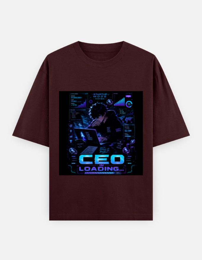 Maroon crew-neck t-shirt with blue CEO loading graphic print on chest