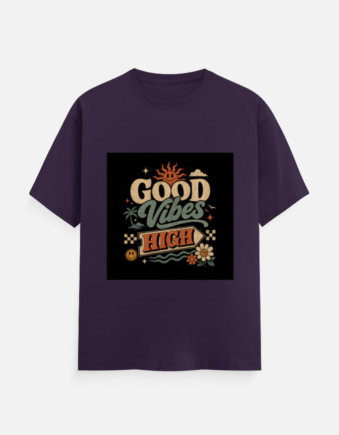 Classic crew tee in dark purple with “Good Vibes High” square graphic on front