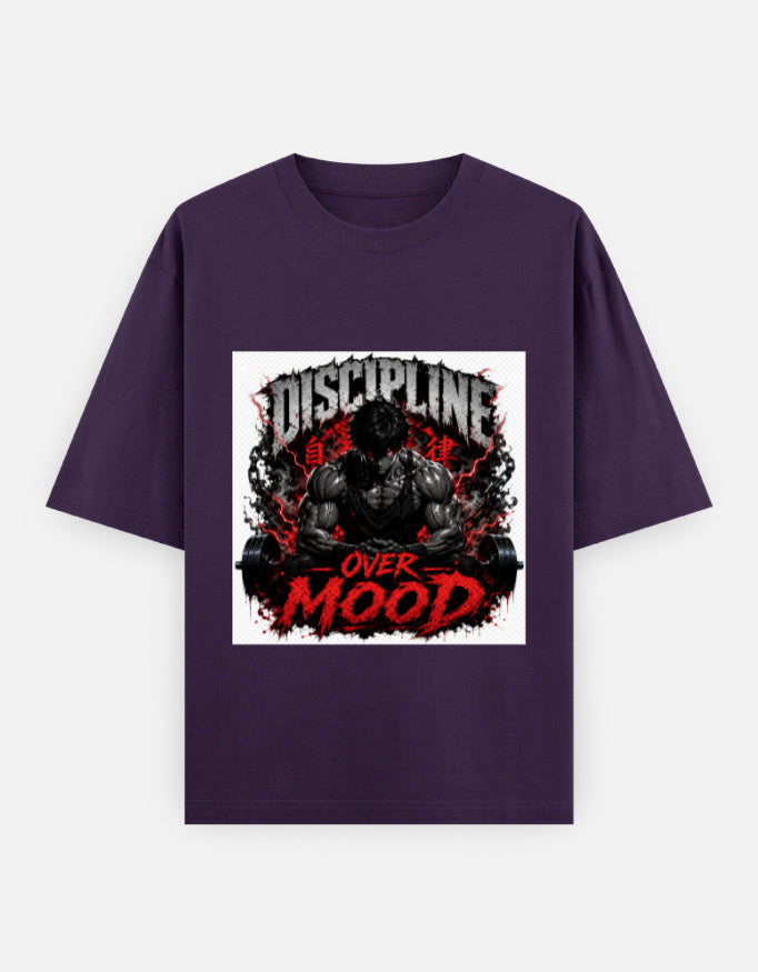 Oversized crewneck graphic tee, purple with red and black "Discipline Over Mood" print