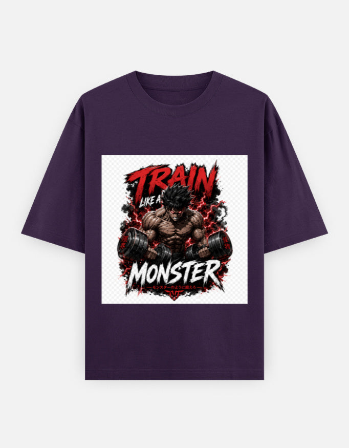 Oversized classic tee in purple with front graphic of a monster and train flames.