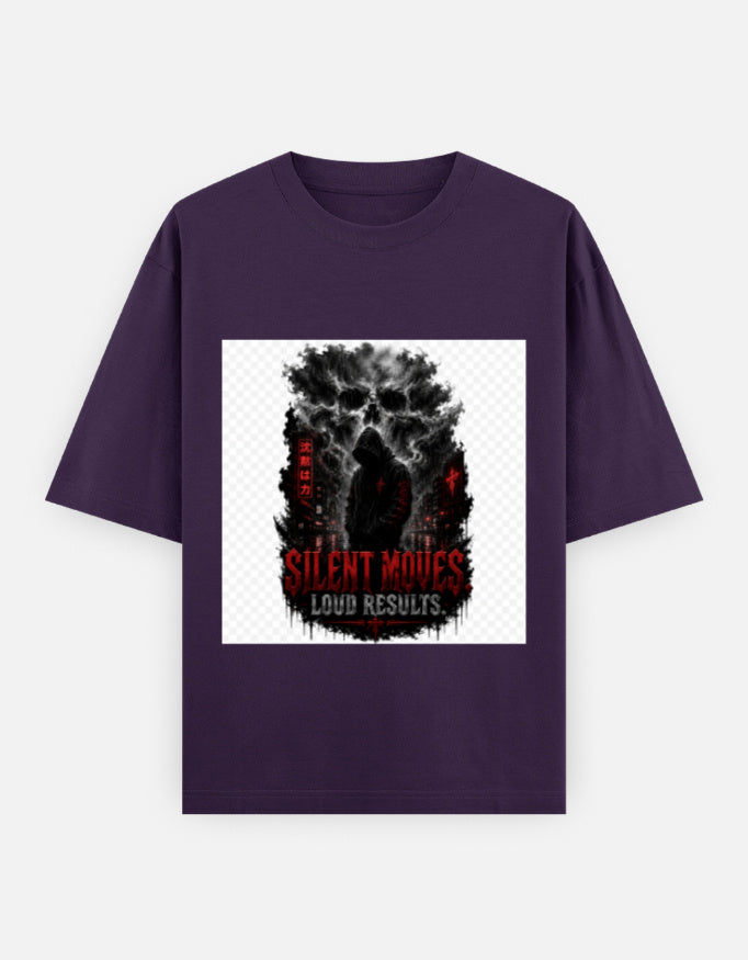 Purple oversized crewneck tee with front graphic print, short sleeves
