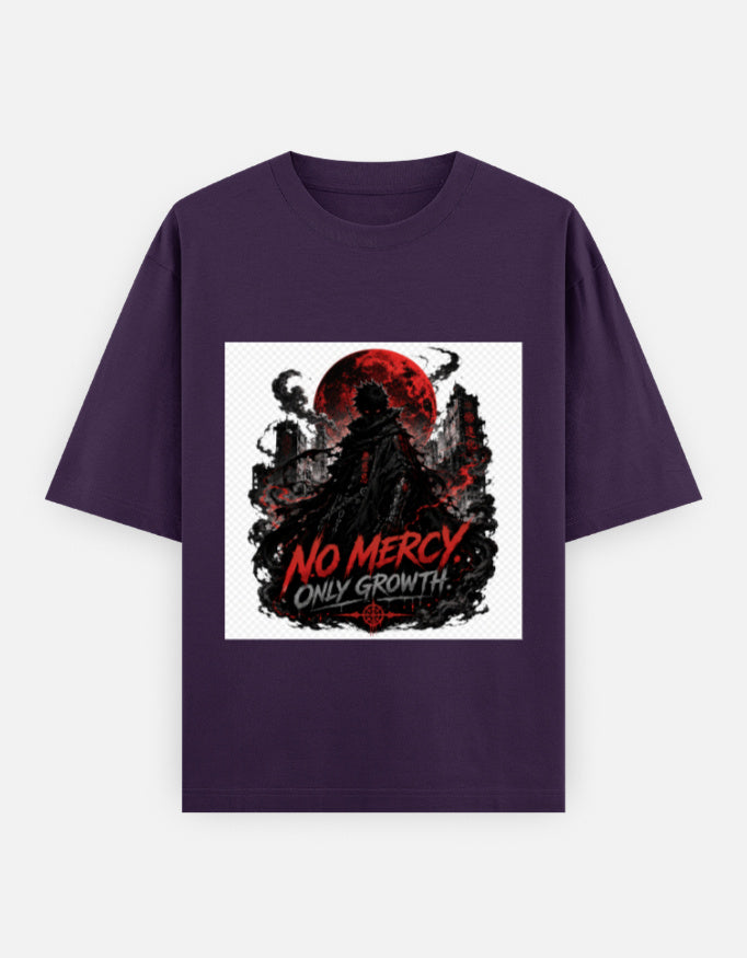 Oversized crew-neck tee, purple, front “NO MERCY” graphic with red moon and skull