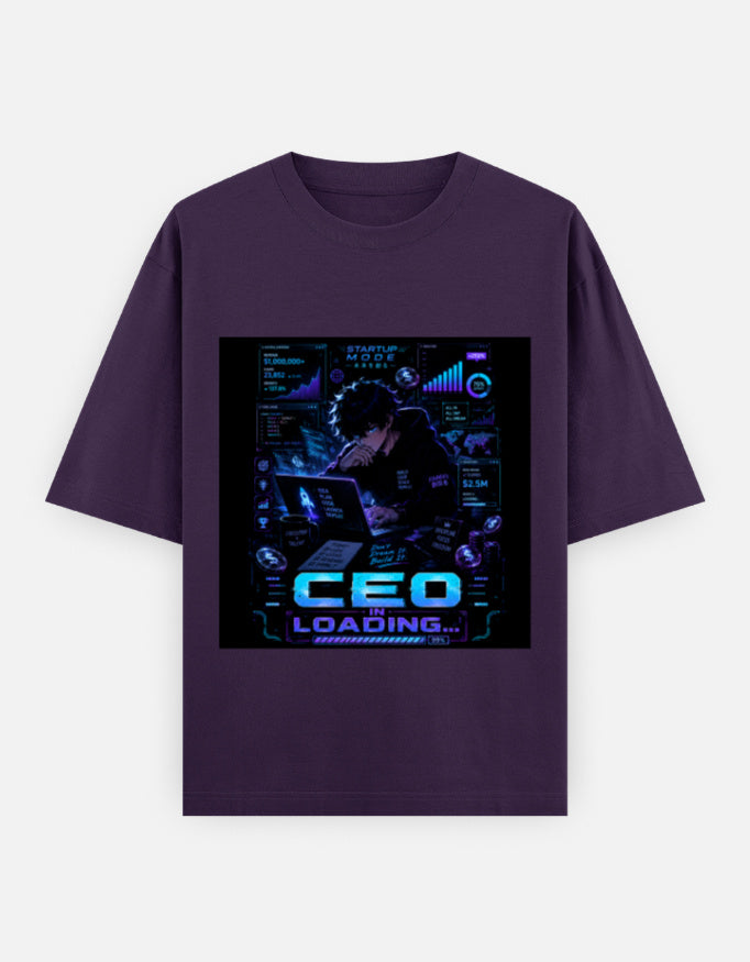 Purple crew-neck t-shirt with blue CEO loading graphic print on chest