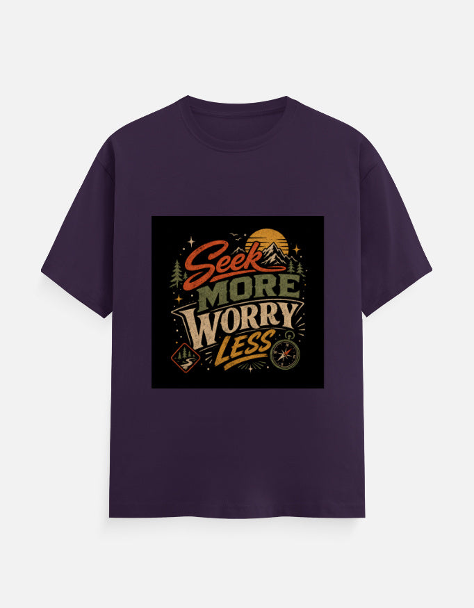 Purple crew-neck T-shirt with square 'Seek more worry less' graphic