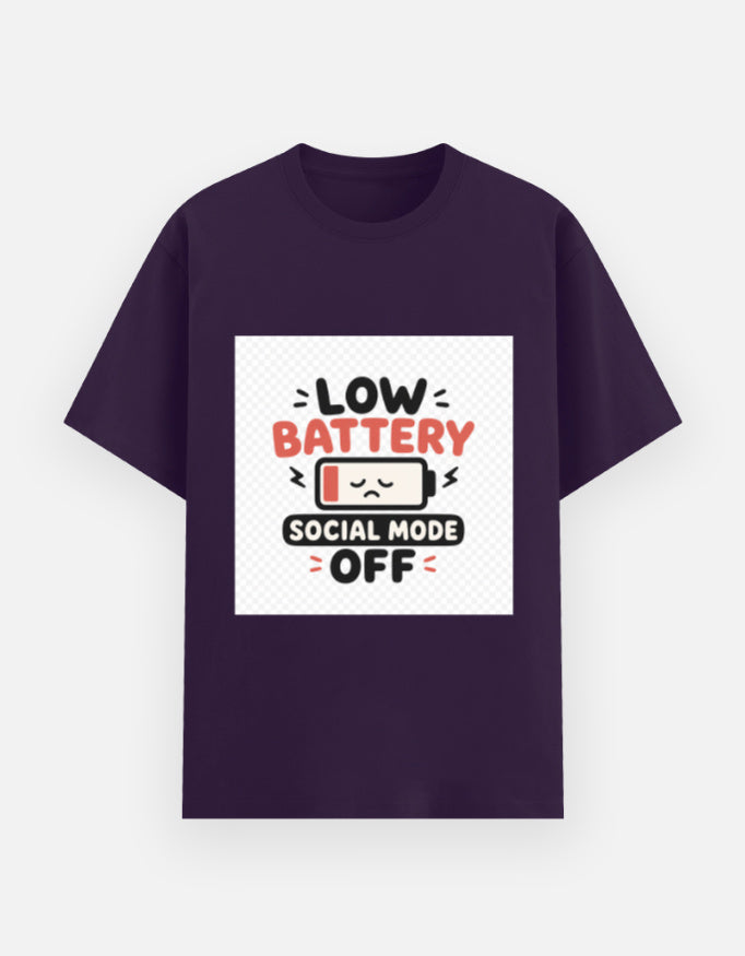 Purple unisex graphic t-shirt with “Low Battery Social Mode Off” battery icon print