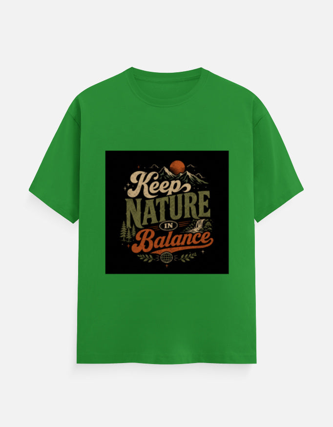 Green crew neck T-shirt with "Keep Nature Balance" graphic print