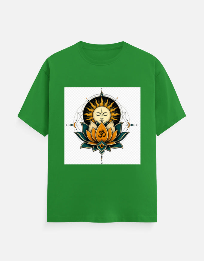 Green crew-neck T-shirt with front lotus meditation graphic print.