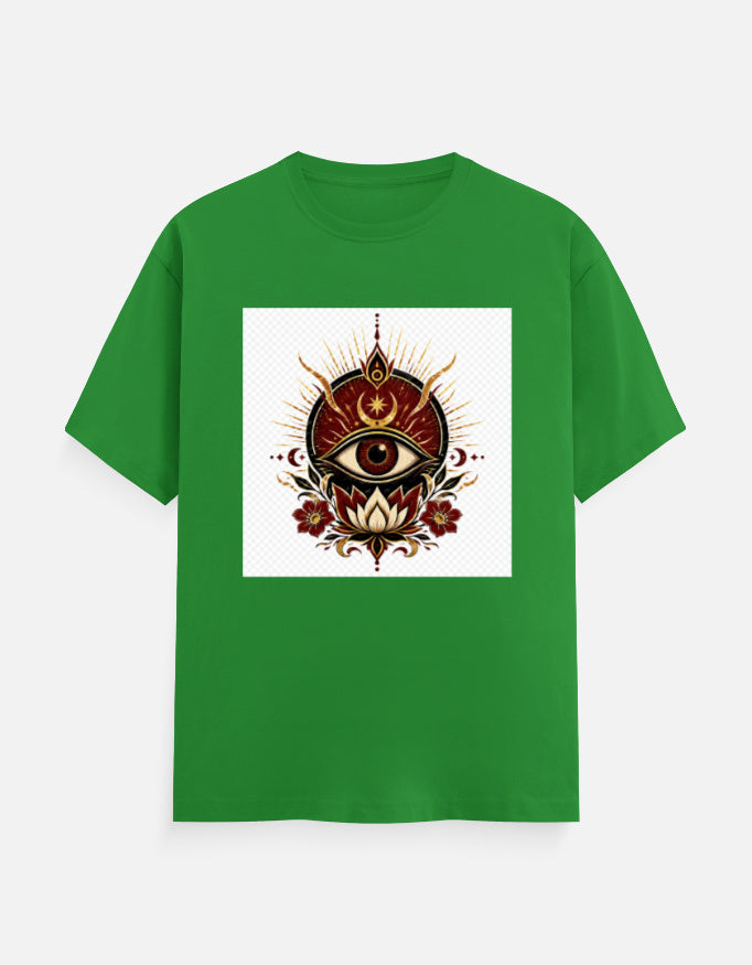 Green crew-neck T-shirt with front eye graphic print