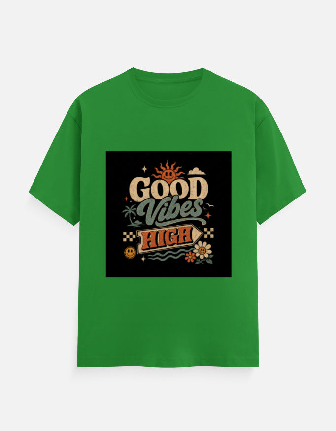 Classic crew tee in green with “Good Vibes High” square graphic on front