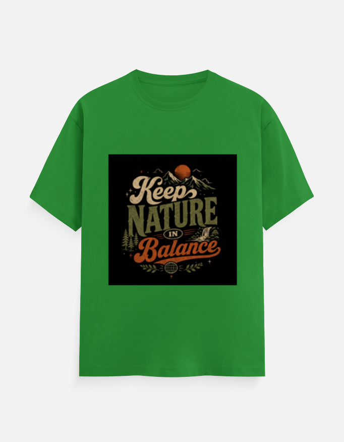 Green crew-neck T-shirt with 'Keep Nature Balance' nature logo print