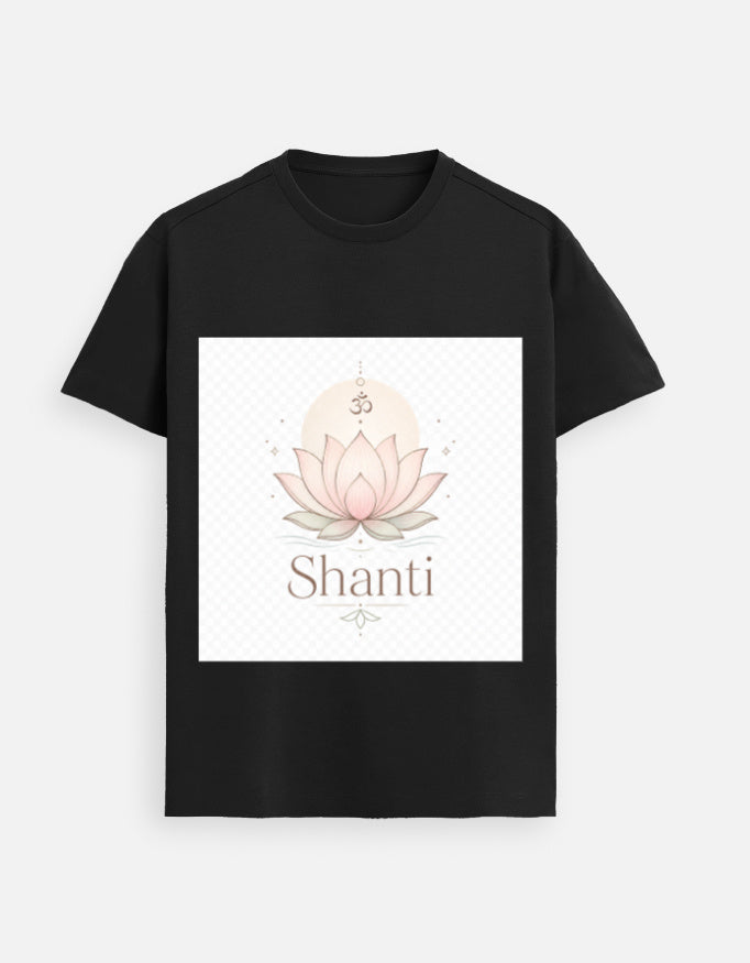 Black graphic tee with lotus and “Shanti” front print