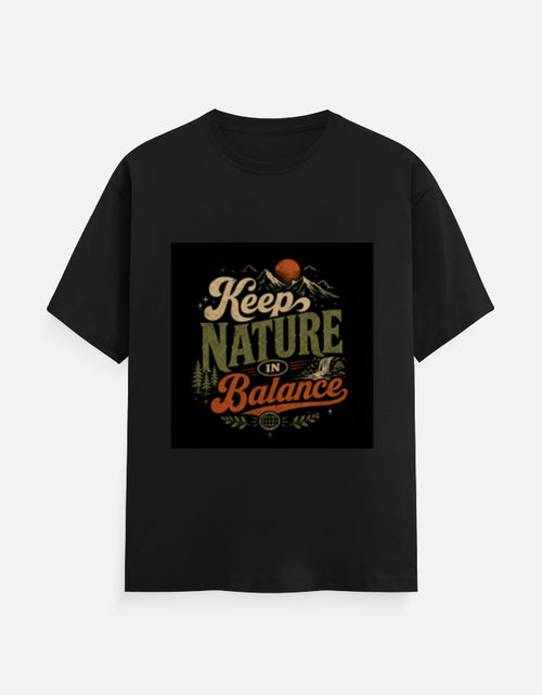Black crew-neck T-shirt with 'Keep Nature Balance' nature logo print