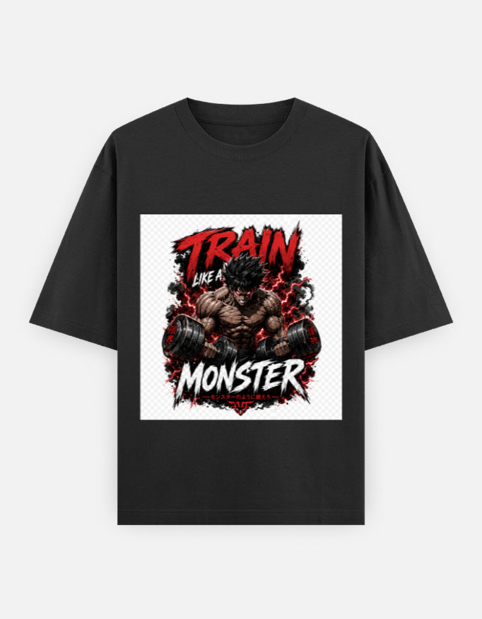 Oversized classic tee in black with front graphic of a monster and train flames.