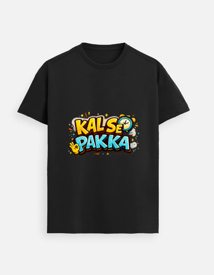Black crew-neck blank tee with front graphic print; short sleeves.