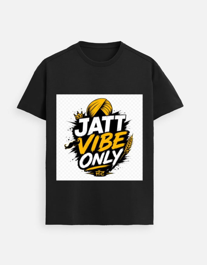 Black graphic crewneck T-shirt with “JATT VIBE ONLY” front print in yellow and black
