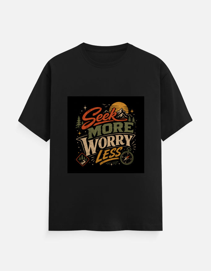 Black crew-neck T-shirt with square 'Seek more worry less' graphic