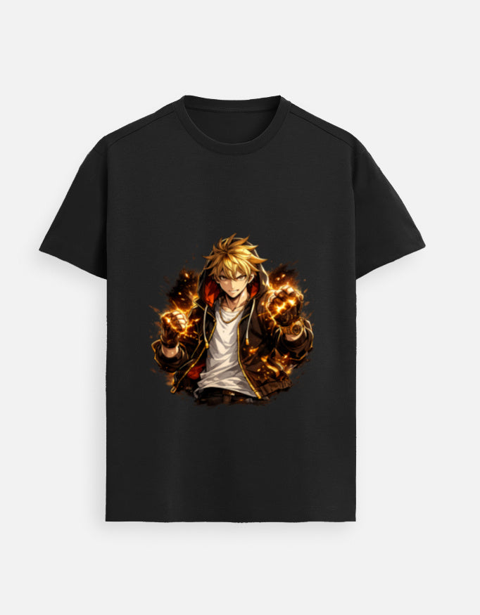 Black unisex graphic tee with fiery character print centered on the chest