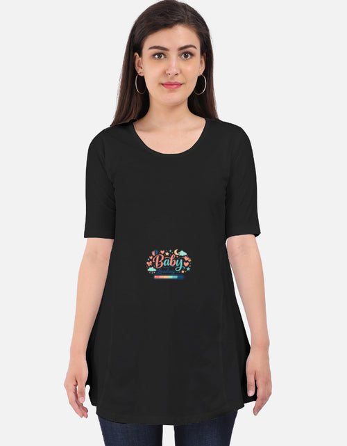 Black maternity dress with three-quarter sleeves and 'Baby' announcement graphic on chest