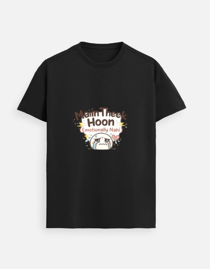 Black crewneck T-shirt with front graphic text and cute character illustration.
