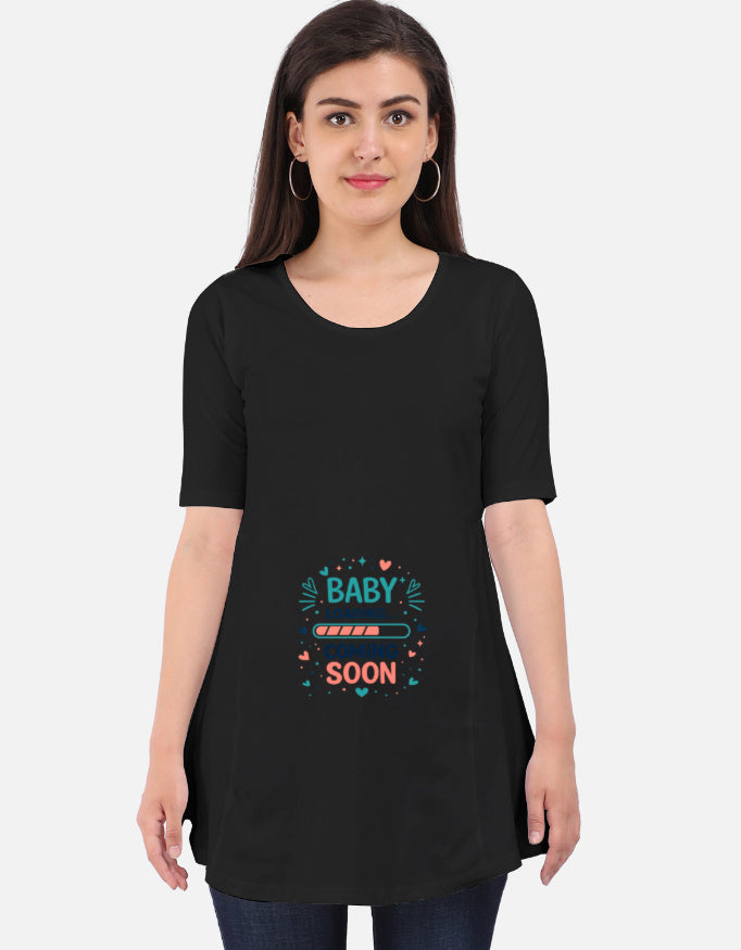 Black maternity dress with short sleeves and 'Baby loading... coming soon' graphic