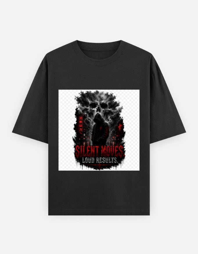 Oversized black classic tee with front graphic print, short sleeves, crew neck