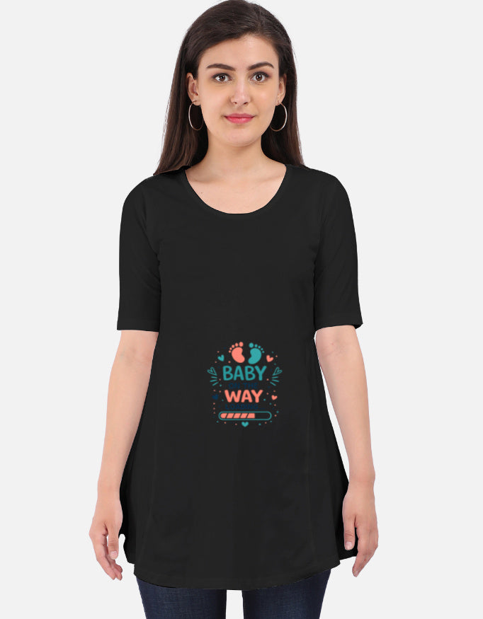 Black maternity tee dress with “Baby on the Way” print, three-quarter sleeves