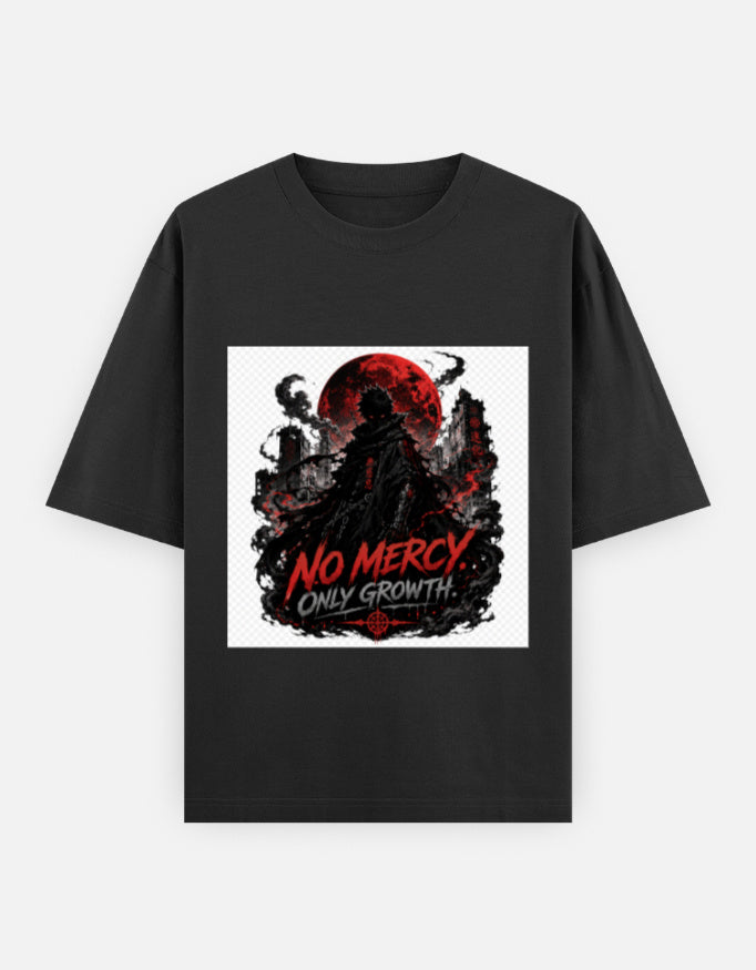 Oversized crew-neck tee, black, front “NO MERCY” graphic with red moon and skull