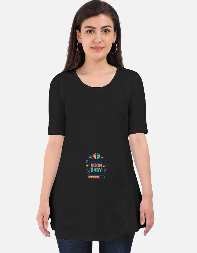 Black maternity dress tunic, 3/4 sleeves, colorful “Soon Baby” print