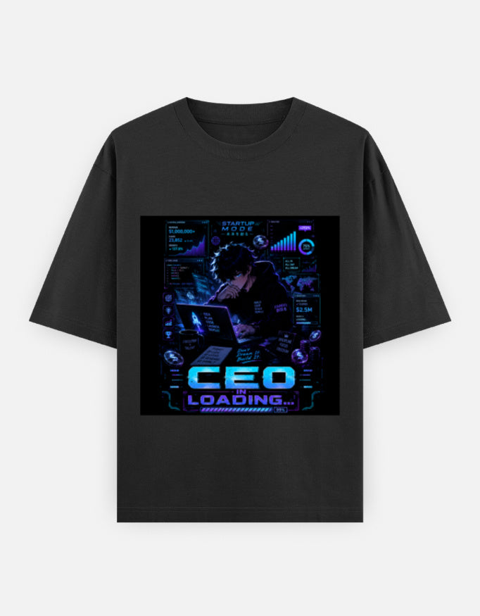 Black crew-neck t-shirt with blue CEO loading graphic print on chest
