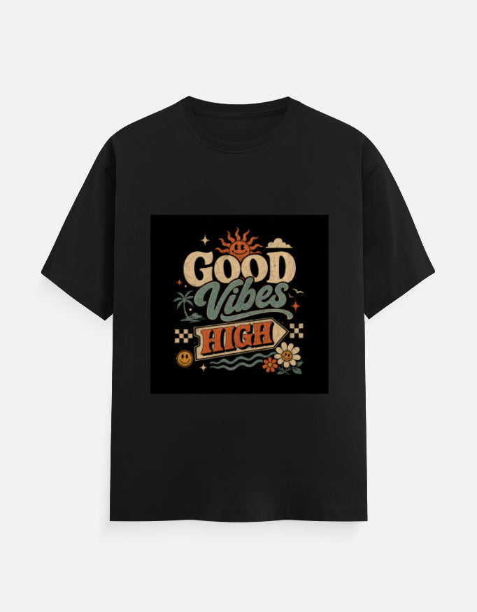 Black crew neck T-shirt with "Good Vibes High" graphic print on chest