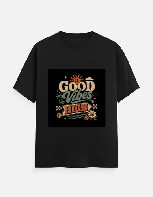 Black crew neck T-shirt with "Good Vibes High" graphic print on chest