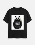 Crew-neck T-shirt with panda print and 'Never Give Up' text, dark fabric
