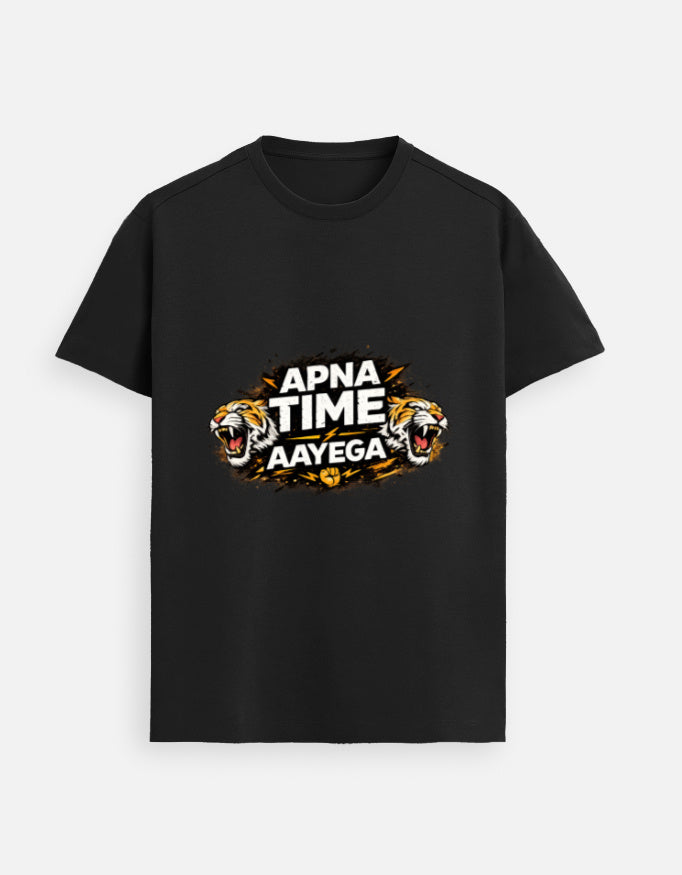 Black unisex graphic tee with APNA TIME AAYEGA text and twin tiger face print