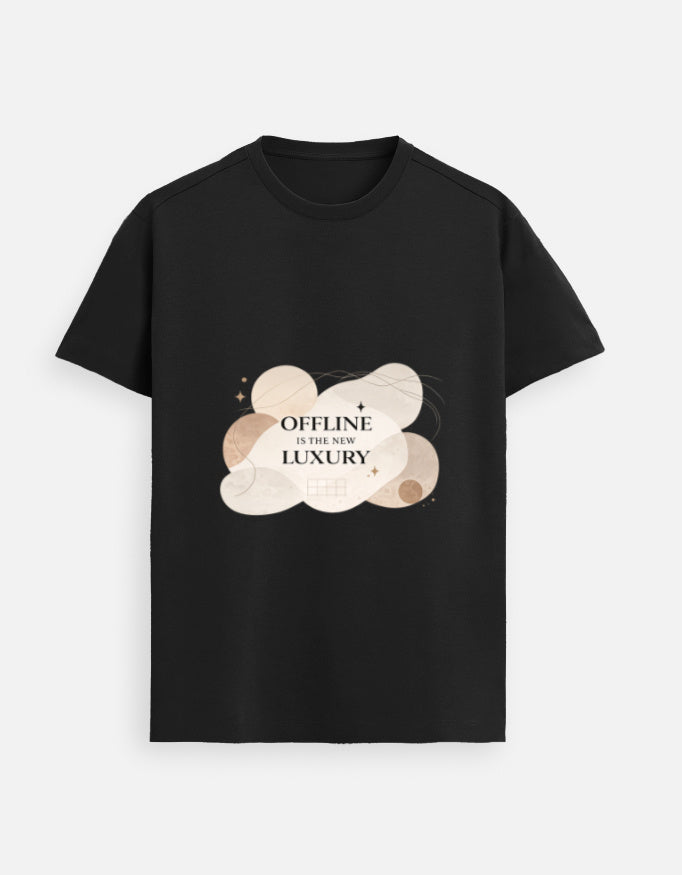 Black unisex graphic tee, crew neck; heart-cloud “OFFLINE is the new LUXURY” print