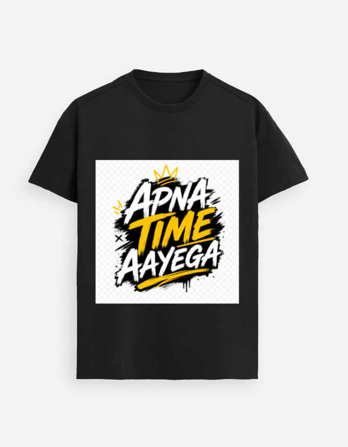 Black graphic tee with front “APNA TIME AAyeGA” logo print