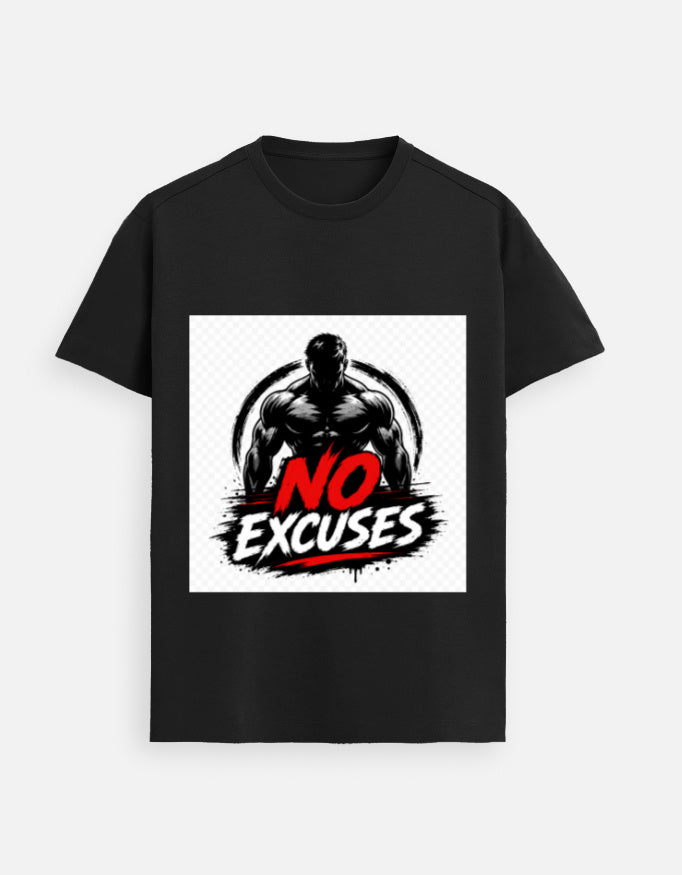 Black graphic tee with 'NO EXCUSES' muscular figure print on center front