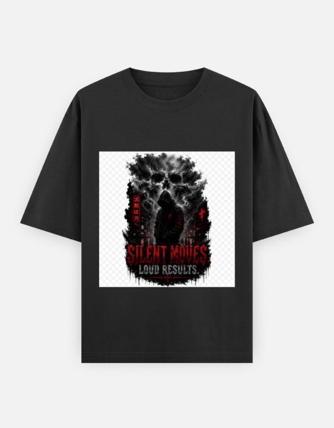 Black oversized crewneck tee with front graphic print, short sleeves