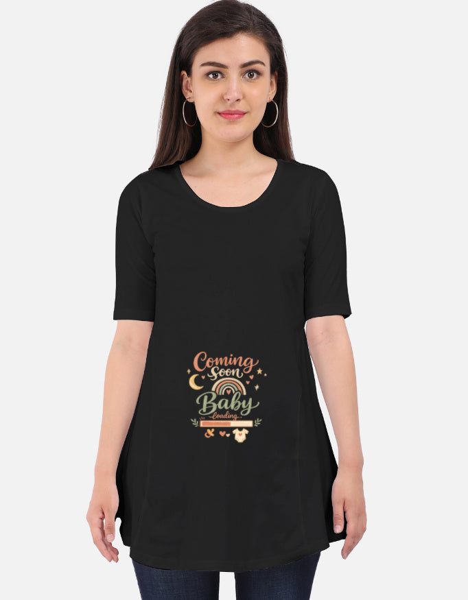 Black maternity dress tee with 3/4 sleeves, 'Coming soon Baby' front graphic