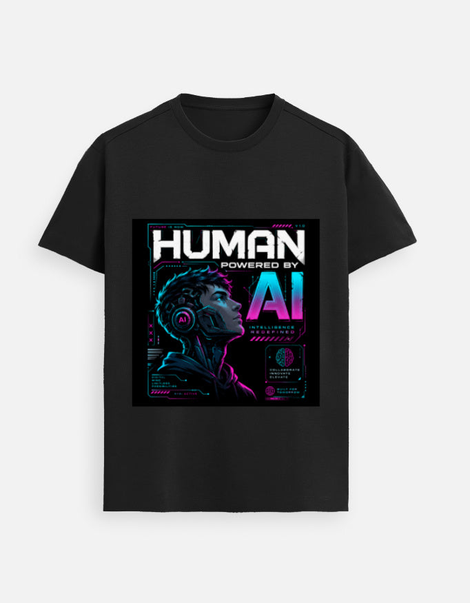 Black graphic T-shirt with bold square AI-themed front print