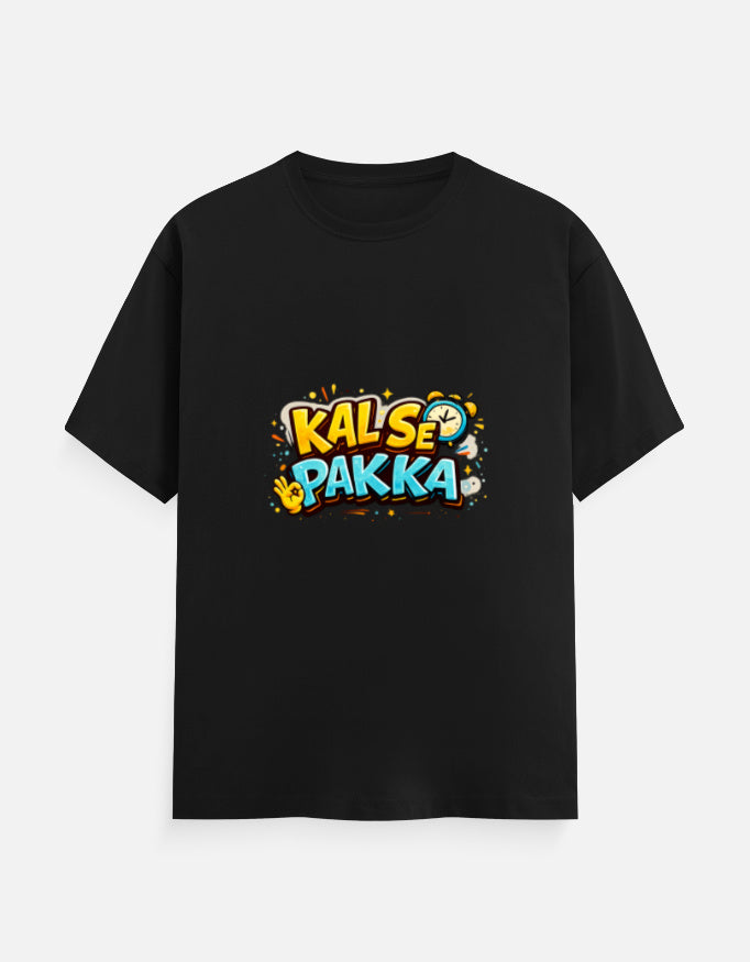 Black crew T-shirt with front 'KAL'SE PAKKA' graphic, round neck