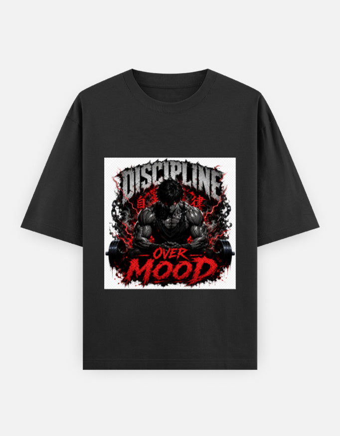 Oversized crewneck graphic tee, black with red and black "Discipline Over Mood" print