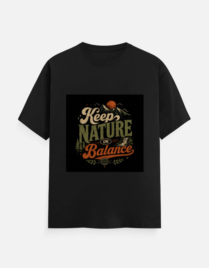 Black crew neck T-shirt with "Keep Nature Balance" graphic print