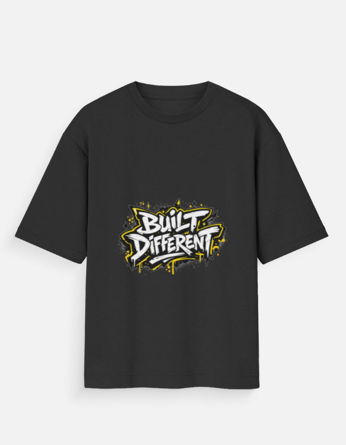 Oversized graphic tee, black crew neck, short sleeves, 'Built Different' logo front
