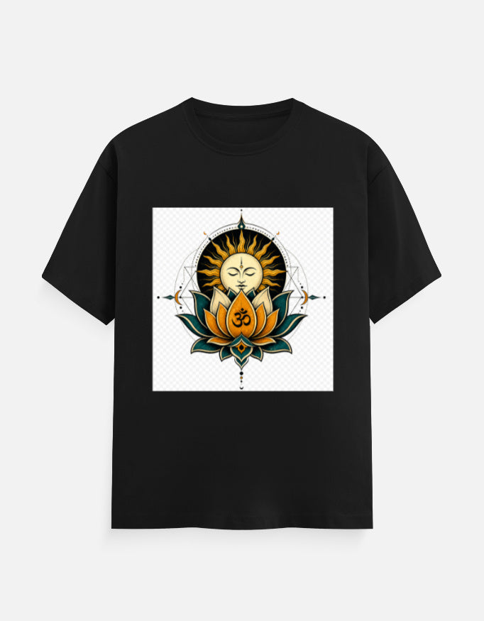 Black crew-neck T-shirt with front lotus meditation graphic print.
