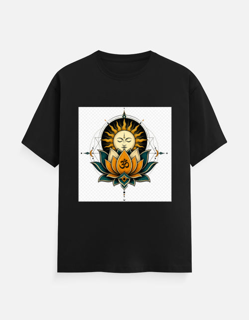 Black crew-neck T-shirt with front lotus meditation graphic print.