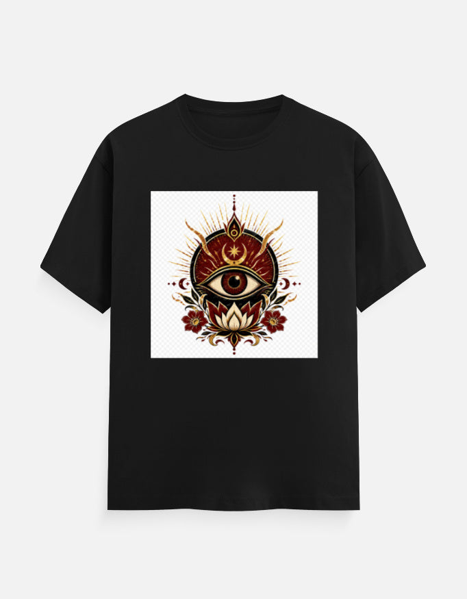 Black crew-neck T-shirt with front eye graphic print