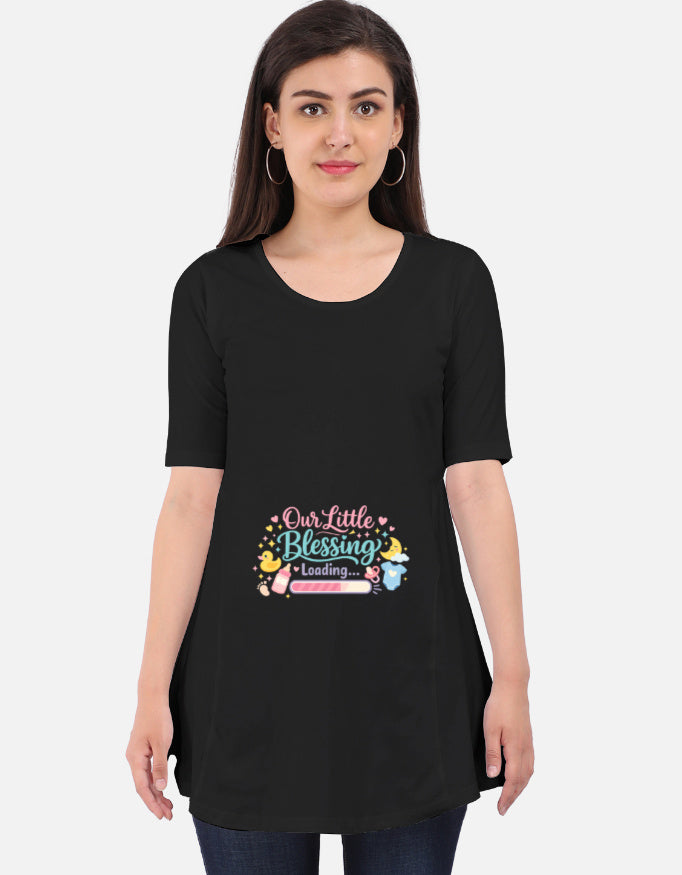 Black maternity tunic dress, scoop neck, 3/4 sleeves, “Our Little Blessing” print