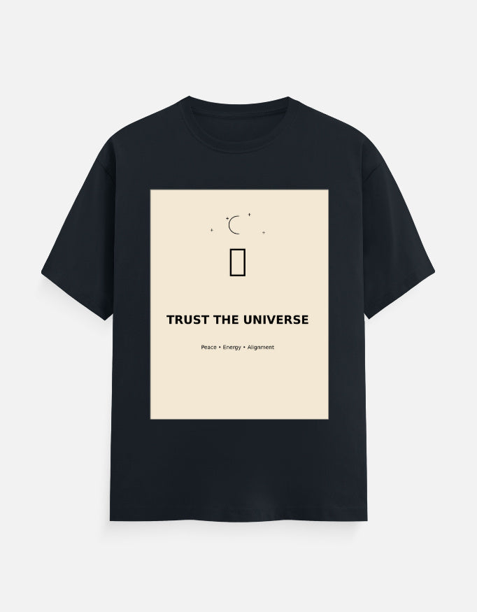 Navy crew neck T-shirt with front graphic print and short sleeves.